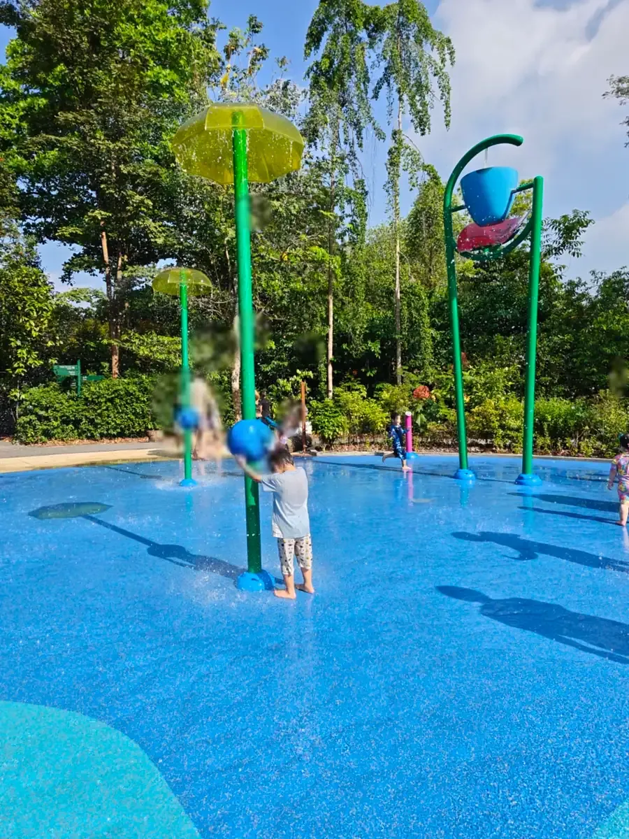 The mushroom-sprinkler splash area at Jacob Ballas Children’s Garden.