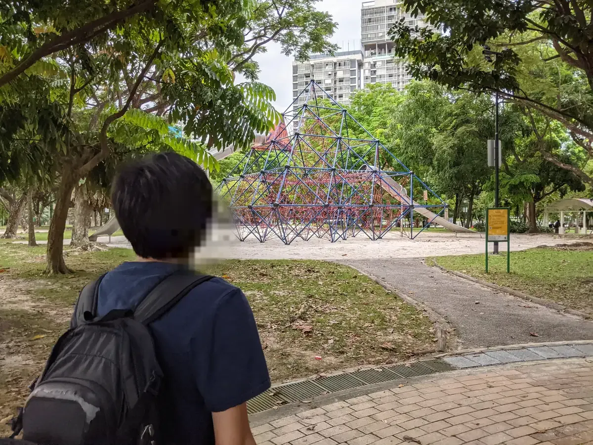 The rope-pyramid climbing structure at West Coast Park, seen from the path.